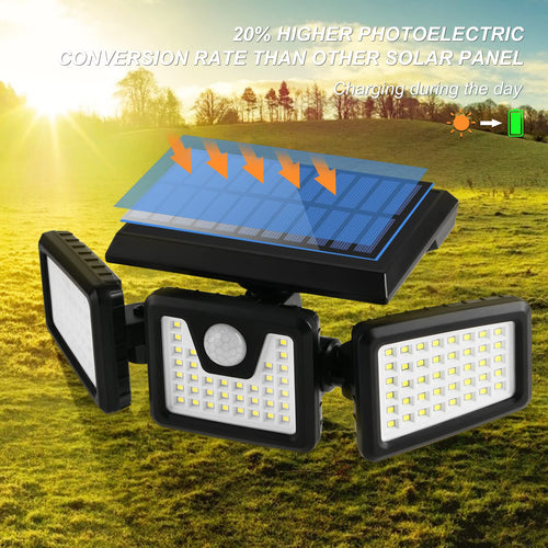 Otdair Solar Security Lights, 3 Head Motion Sensor Lights Adjustable 118LED Flood Lights Outdoor Spotlights 360° Rotatable IP65 Waterproof for Porch Garden Patio Yard Garage Pathway