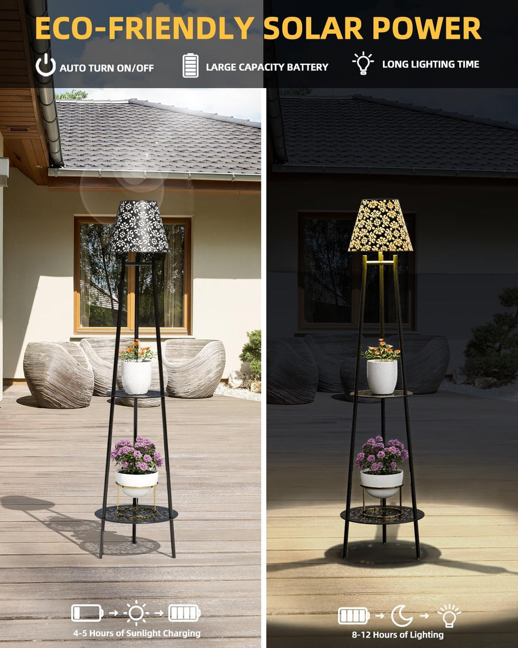 Solar Floor Lights Outdoor with 2 Plant Stands, 2 Pack Solar Lights Plant Stand, 45’’ Metal Solar Floor Lamps,Waterproof Solar Lantern Lights for Patio Backyard Garden Deck Porch Decor