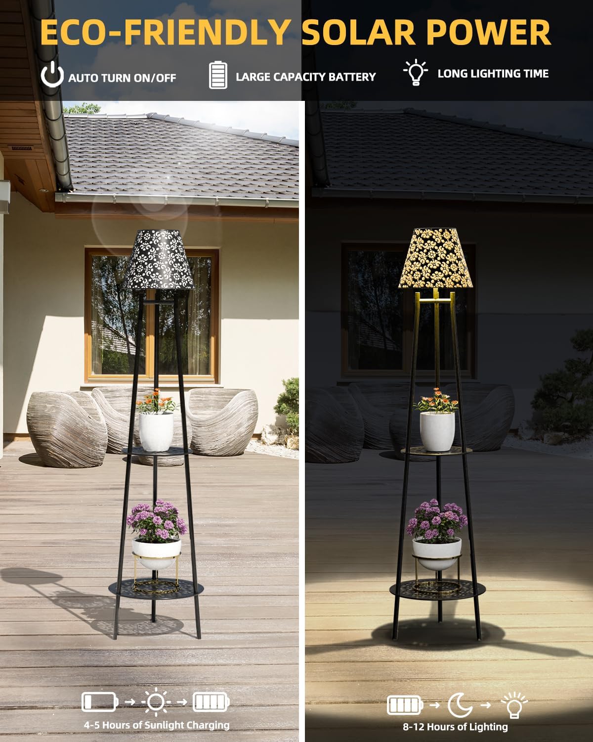 Solar Floor Lights Outdoor with 2 Plant Stands, 2 Pack Solar Lights Plant Stand, 45’’ Metal Solar Floor Lamps,Waterproof Solar Lantern Lights for Patio Backyard Garden Deck Porch Decor