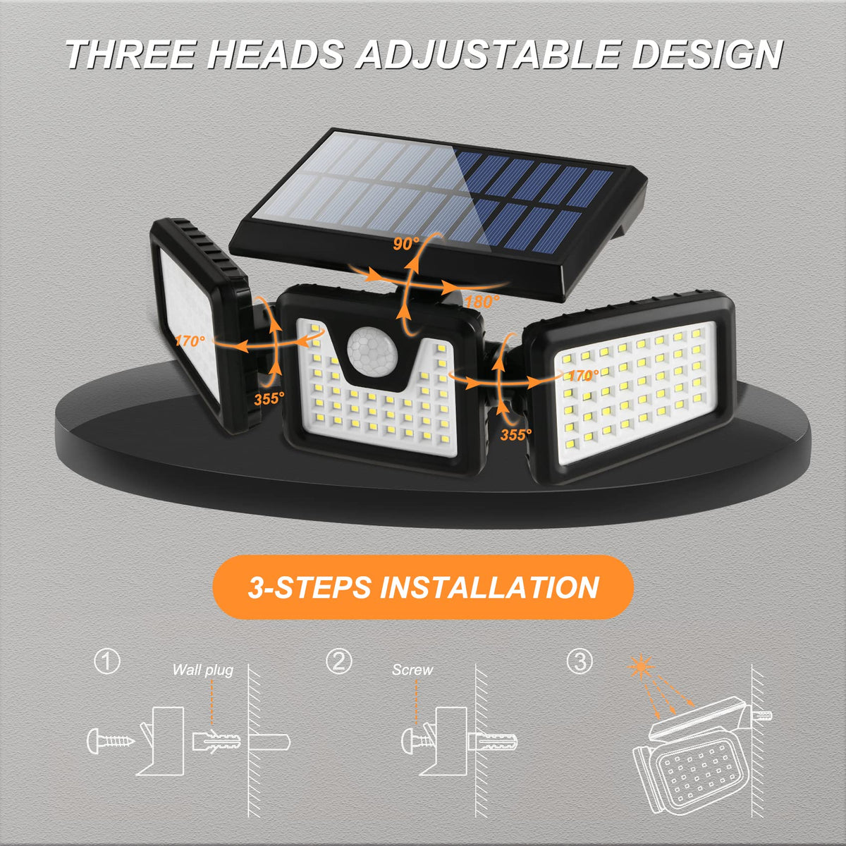 Otdair Solar Security Lights, 3 Head Motion Sensor Lights Adjustable 118LED Flood Lights Outdoor Spotlights 360° Rotatable IP65 Waterproof for Porch Garden Patio Yard Garage Pathway