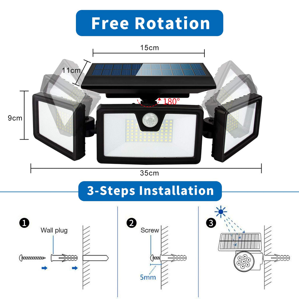 Otdair Solar Security Lights, 3 Head Adjustable Motion Sensor Lights 132LED Flood Lights Outdoor Spotlights 360° Rotatable IP65 Waterproof for Garden Patio Yard Porch Garage Pathway