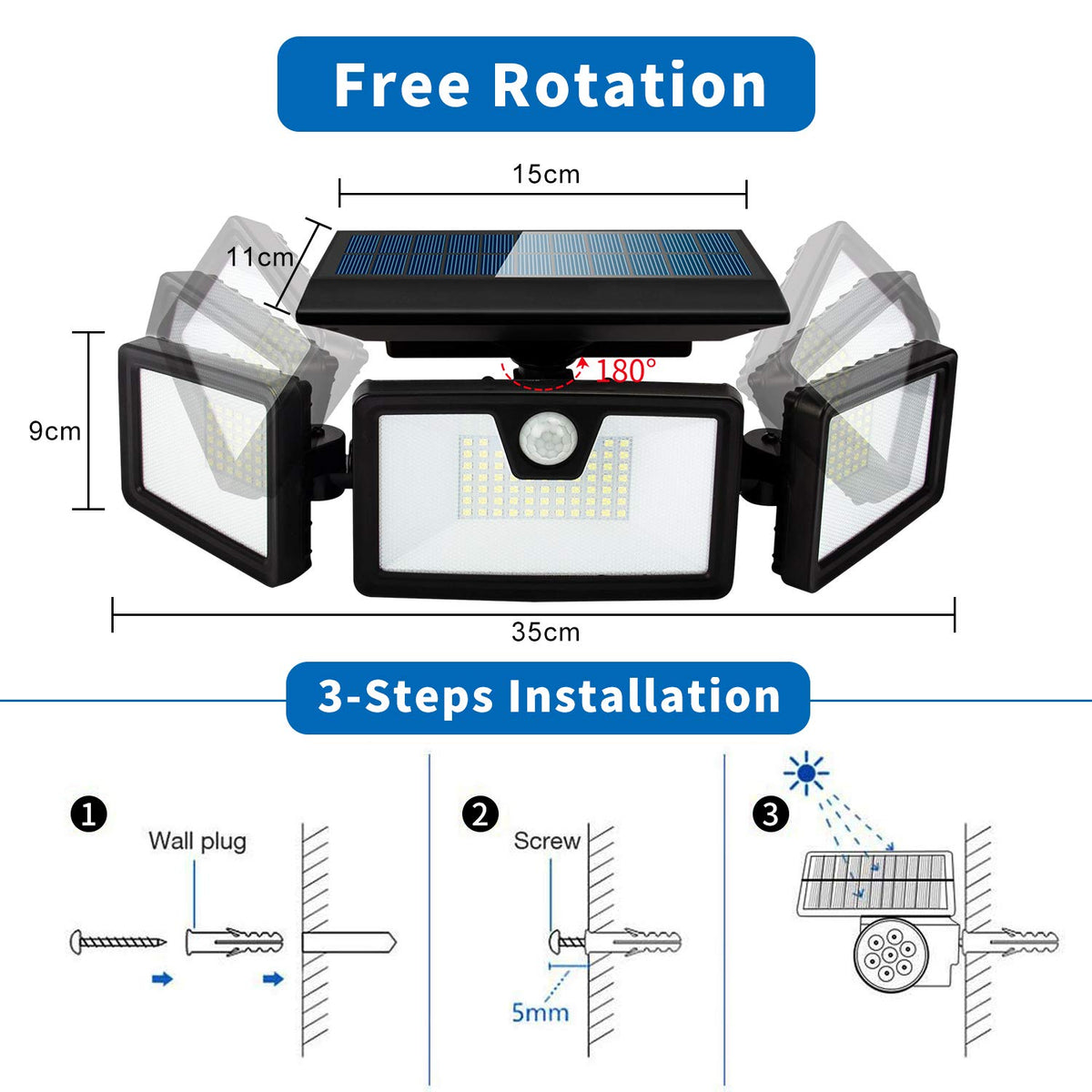Otdair Solar Security Lights, 3 Head Adjustable Motion Sensor Lights 132LED Flood Lights Outdoor Spotlights 360° Rotatable IP65 Waterproof for Garden Patio Yard Porch Garage Pathway