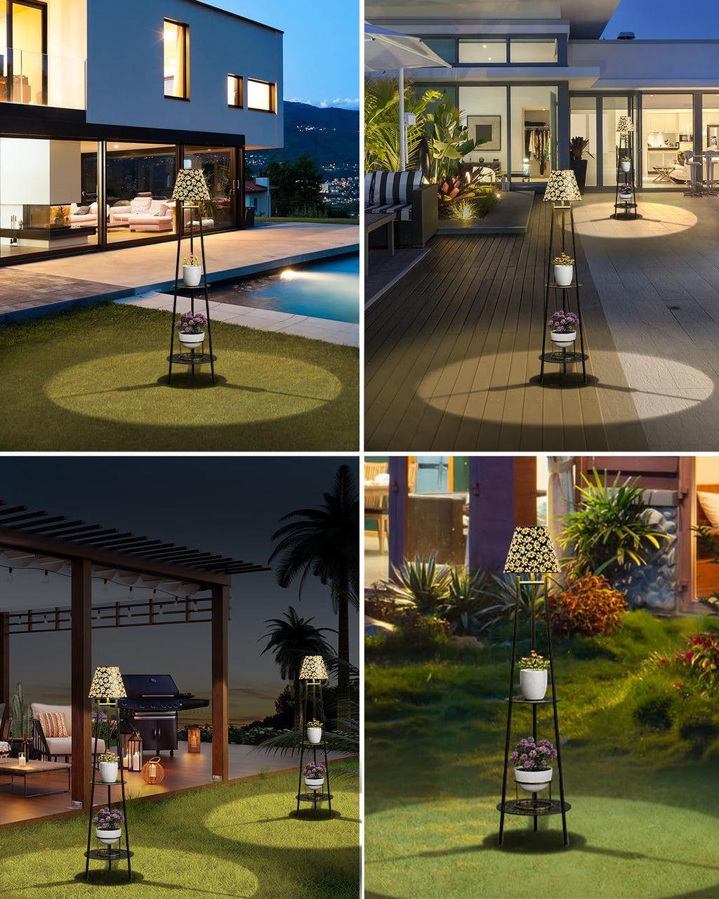 Solar Floor Lights Outdoor with 2 Plant Stands, 2 Pack Solar Lights Plant Stand, 45’’ Metal Solar Floor Lamps,Waterproof Solar Lantern Lights for Patio Backyard Garden Deck Porch Decor
