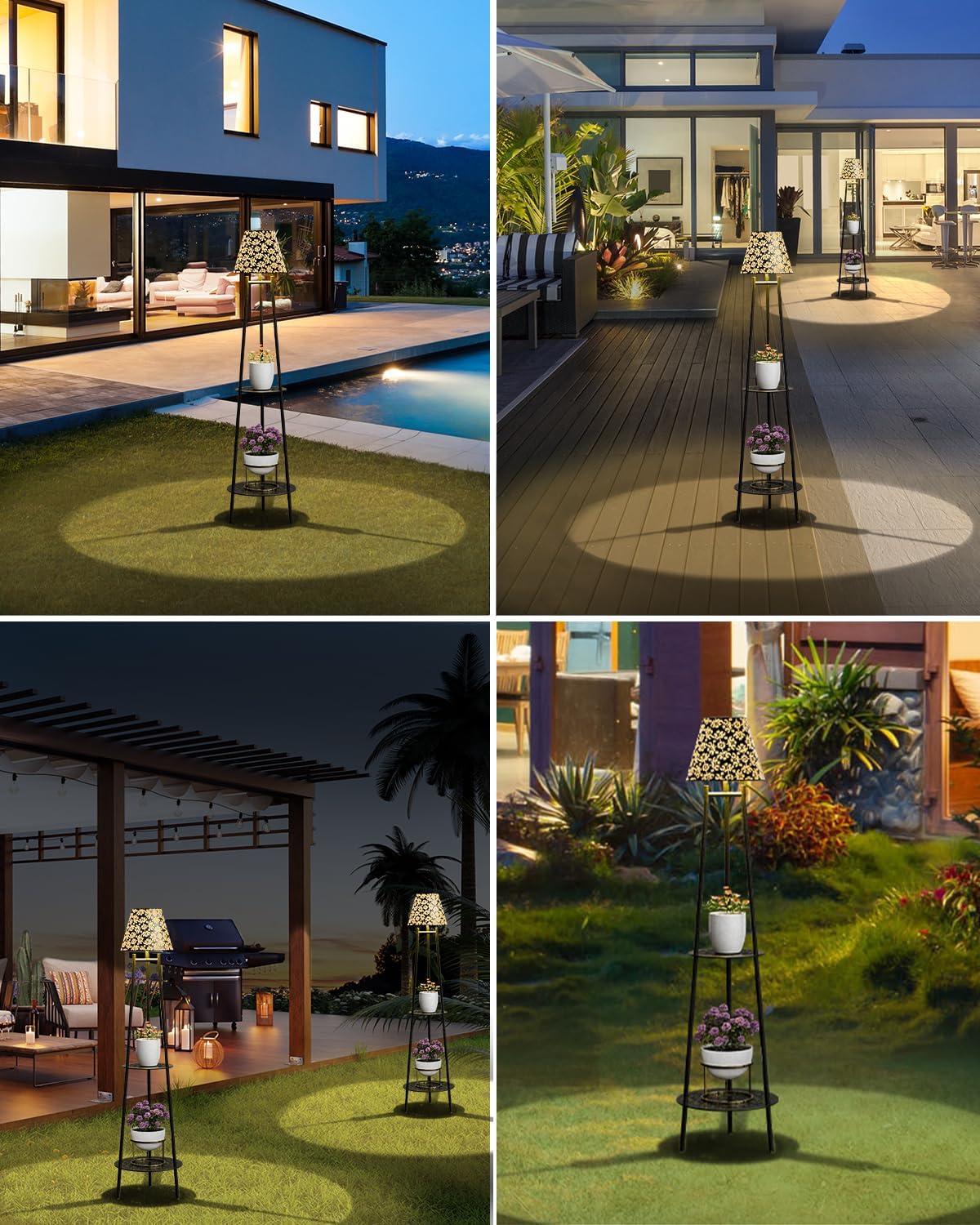 Solar Floor Lights Outdoor with 2 Plant Stands, 2 Pack Solar Lights Plant Stand, 45’’ Metal Solar Floor Lamps,Waterproof Solar Lantern Lights for Patio Backyard Garden Deck Porch Decor