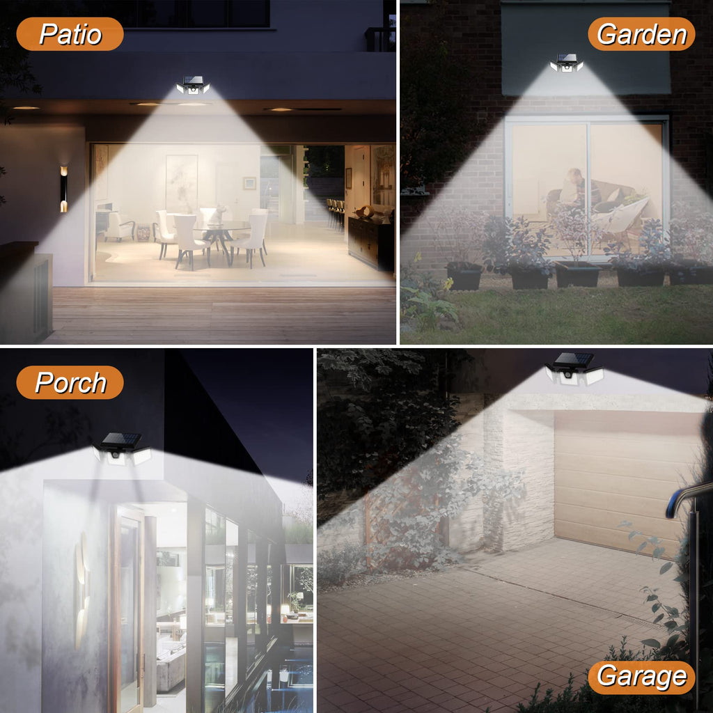 Otdair Solar Security Lights, 3 Head Motion Sensor Lights Adjustable 118LED Flood Lights Outdoor Spotlights 360° Rotatable IP65 Waterproof for Porch Garden Patio Yard Garage Pathway